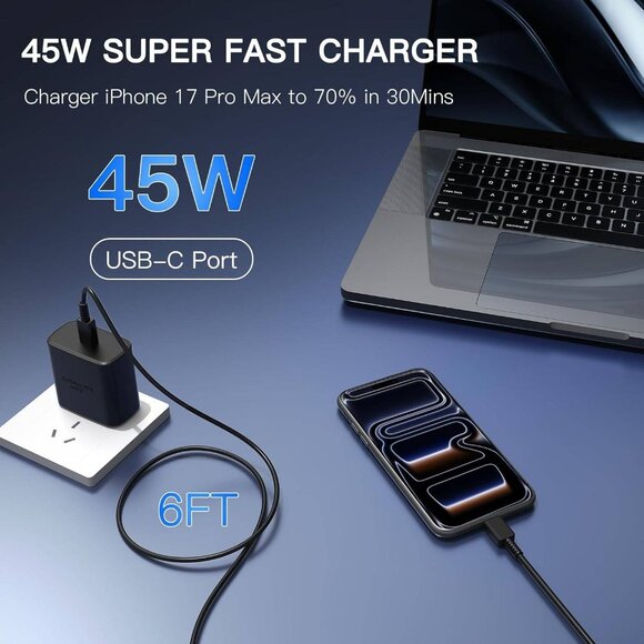 45W 2-Pack Fast USB C Charger with 6FT Cable for Galaxy S25/S24/S23/S22/S21, - Picture 3 of 7